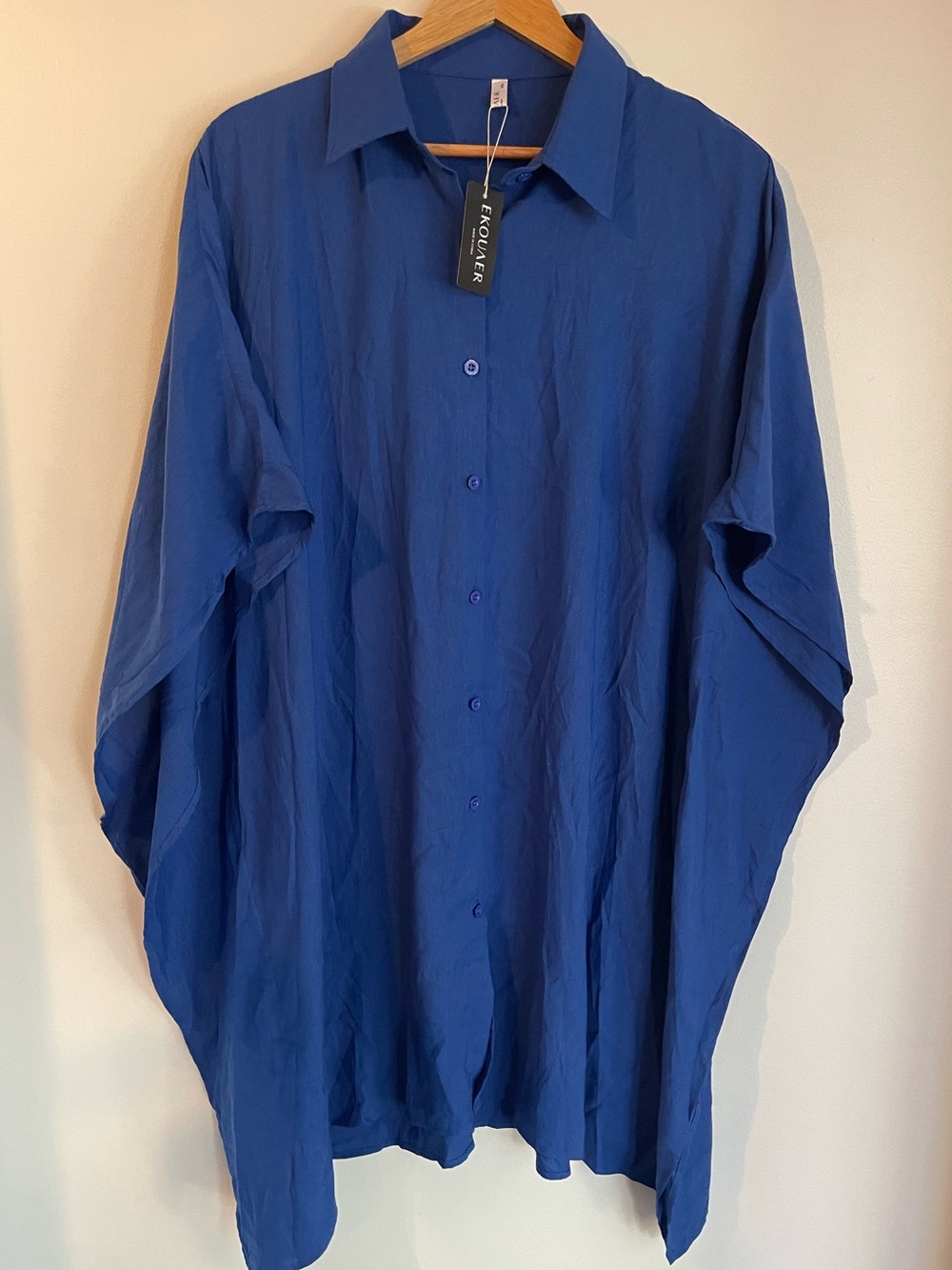 Ekouaer Royal Blue Rayon Long Sleeve Button Down Swim Coverup Dress 3XL